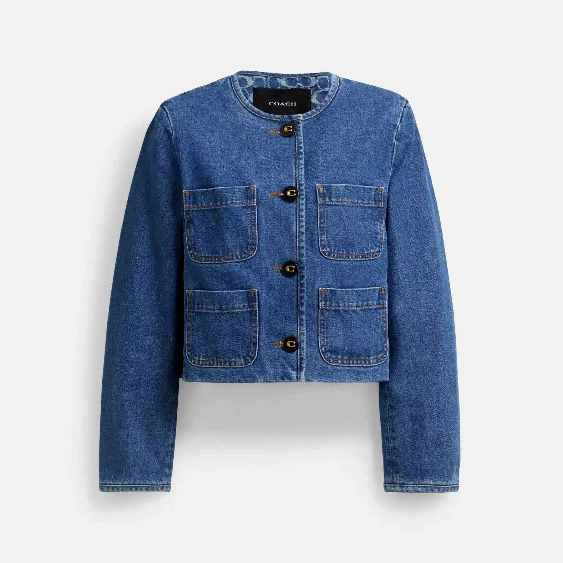 COACH Denimjacka utan krage i ekologisk bomull Mellanblå