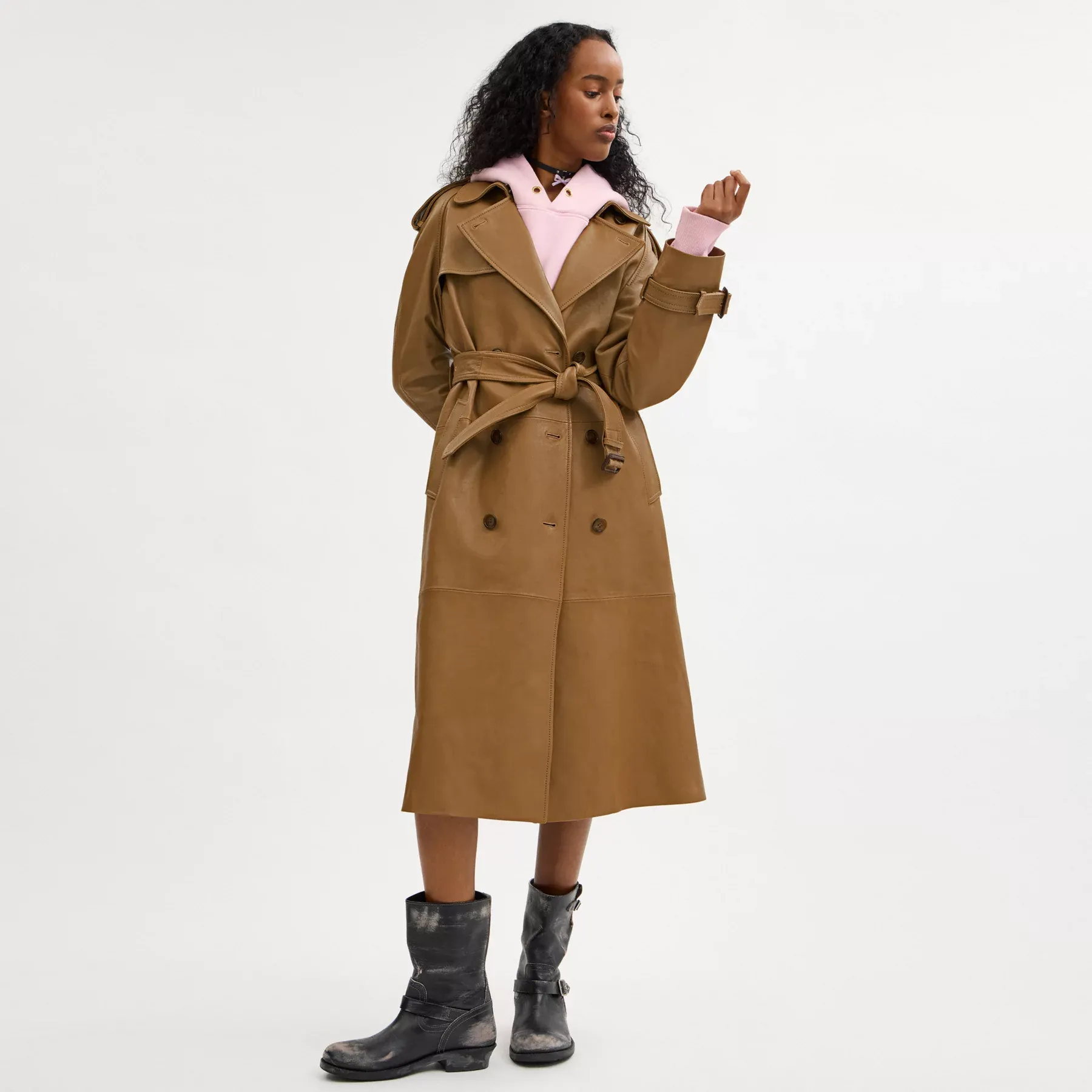 COACH Dubbelknäppt trenchcoat i läder Mörk beige