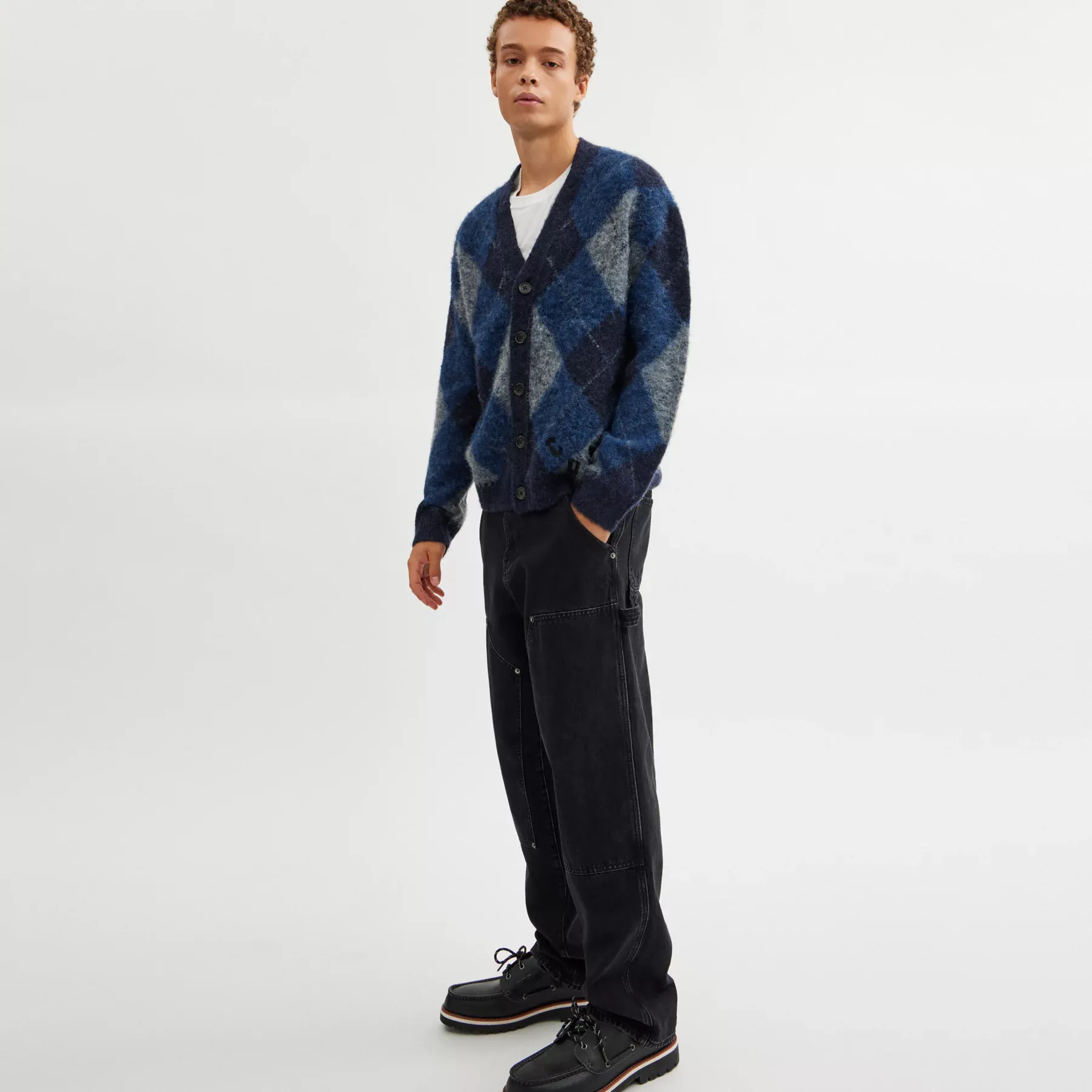 COACH Fuzzy Argyle Cardigan Navy Multi