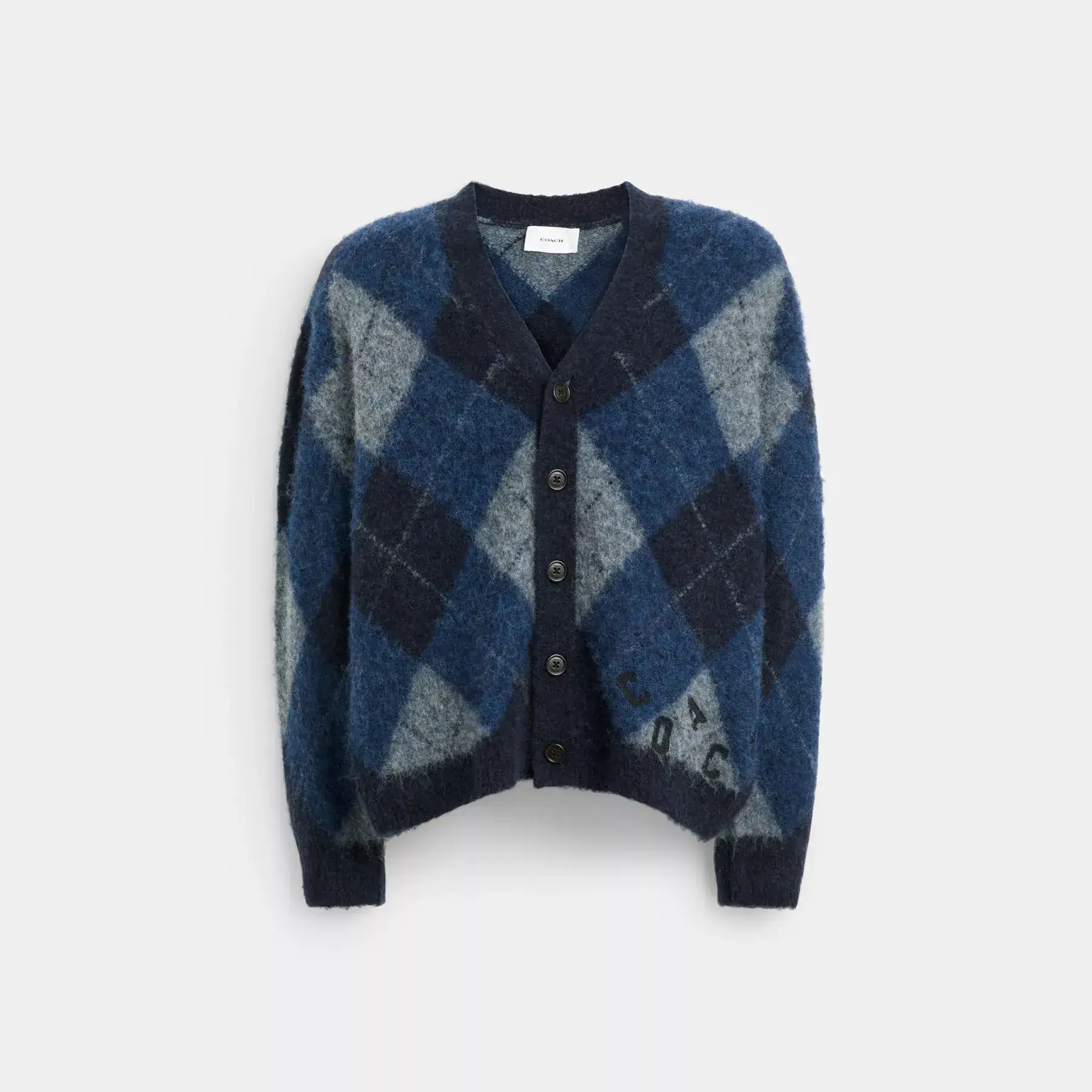 COACH Fuzzy Argyle Cardigan Navy Multi