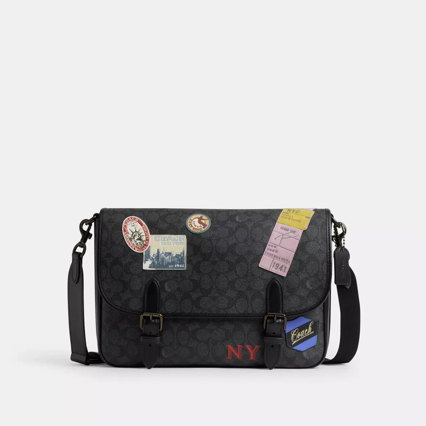 COACH Hitch Messenger Bag I Signatur Canvas Med Lappar Charcoal Multi