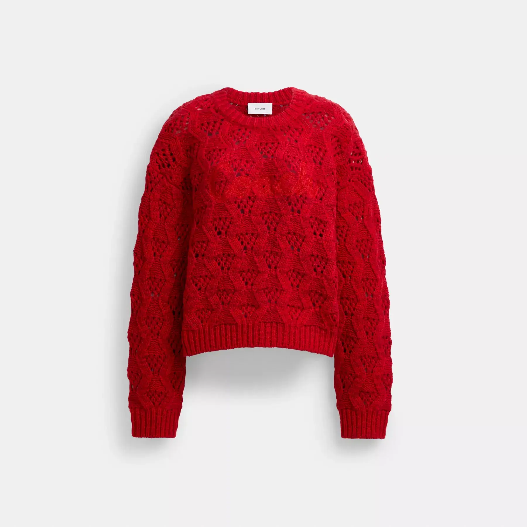 COACH Kabelstickad Cursive Signature Cropped Sweater Röd