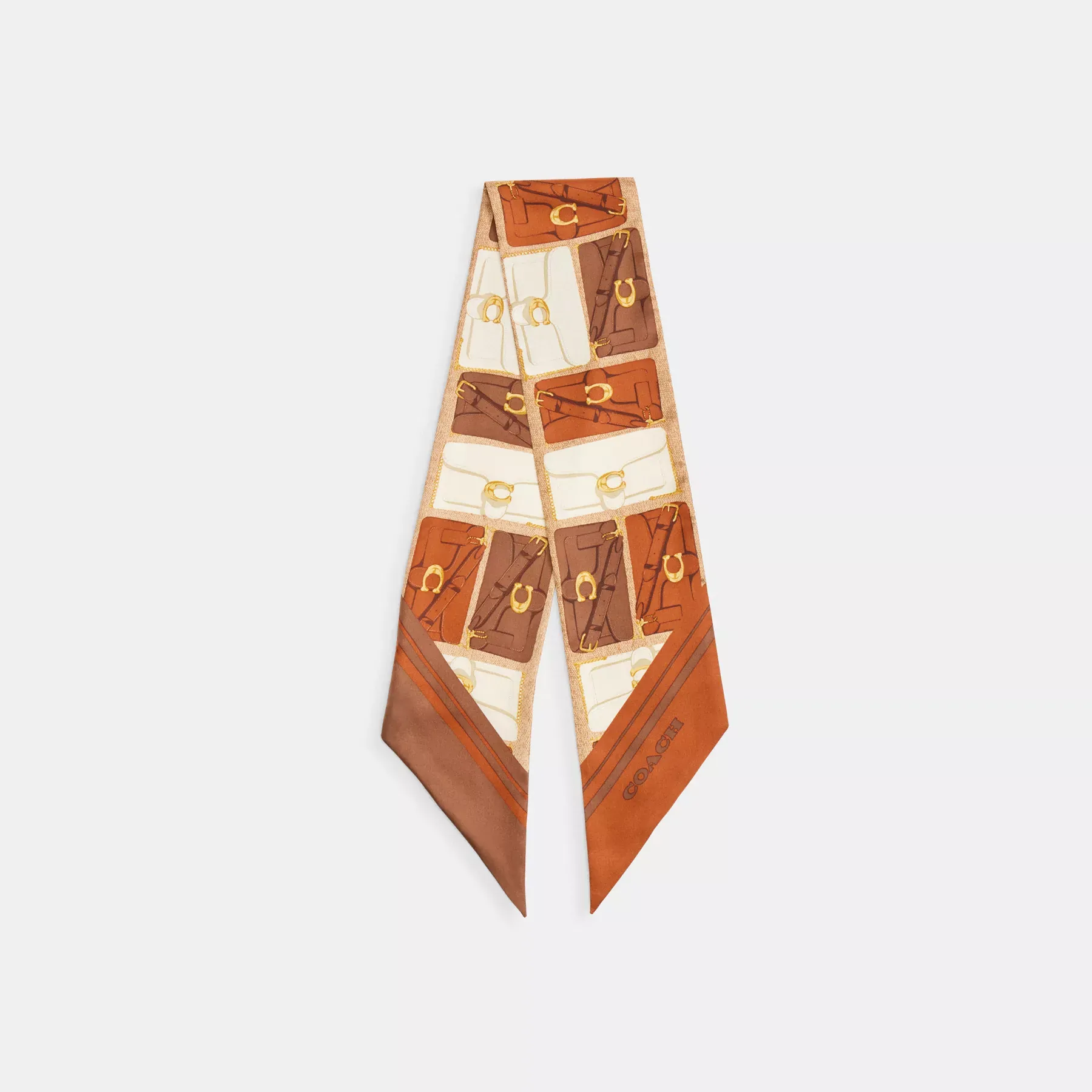 COACH Tabby Bag Print Silk Wide Skinny Scarf Brunnerad bärnsten