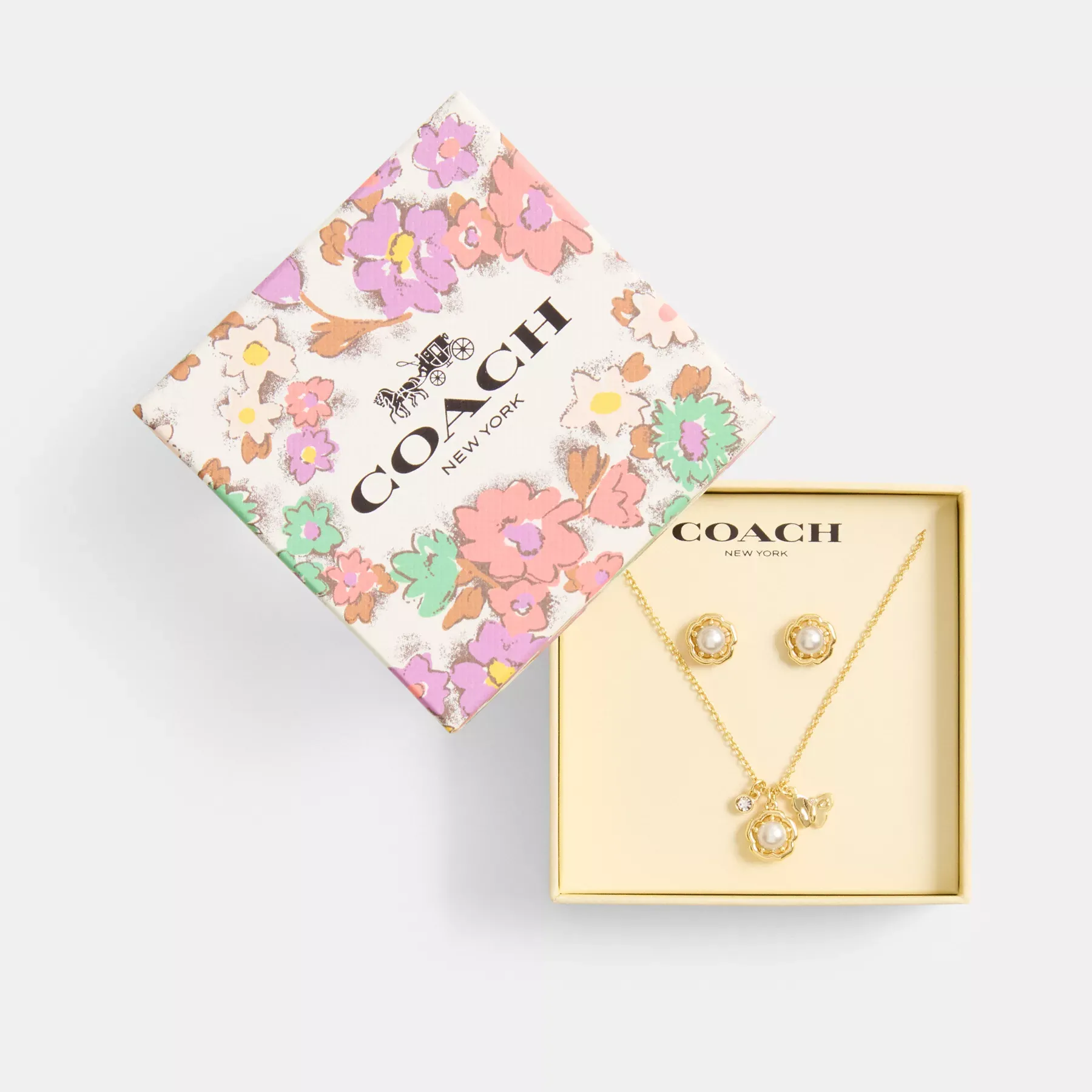 COACH Tea Rose Pearl Halsband och örhängen Set Guld/Pärla